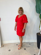 HUSTINA PUFF 3D LACE MINI DRESS RED