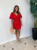 HUSTINA PUFF 3D LACE MINI DRESS RED
