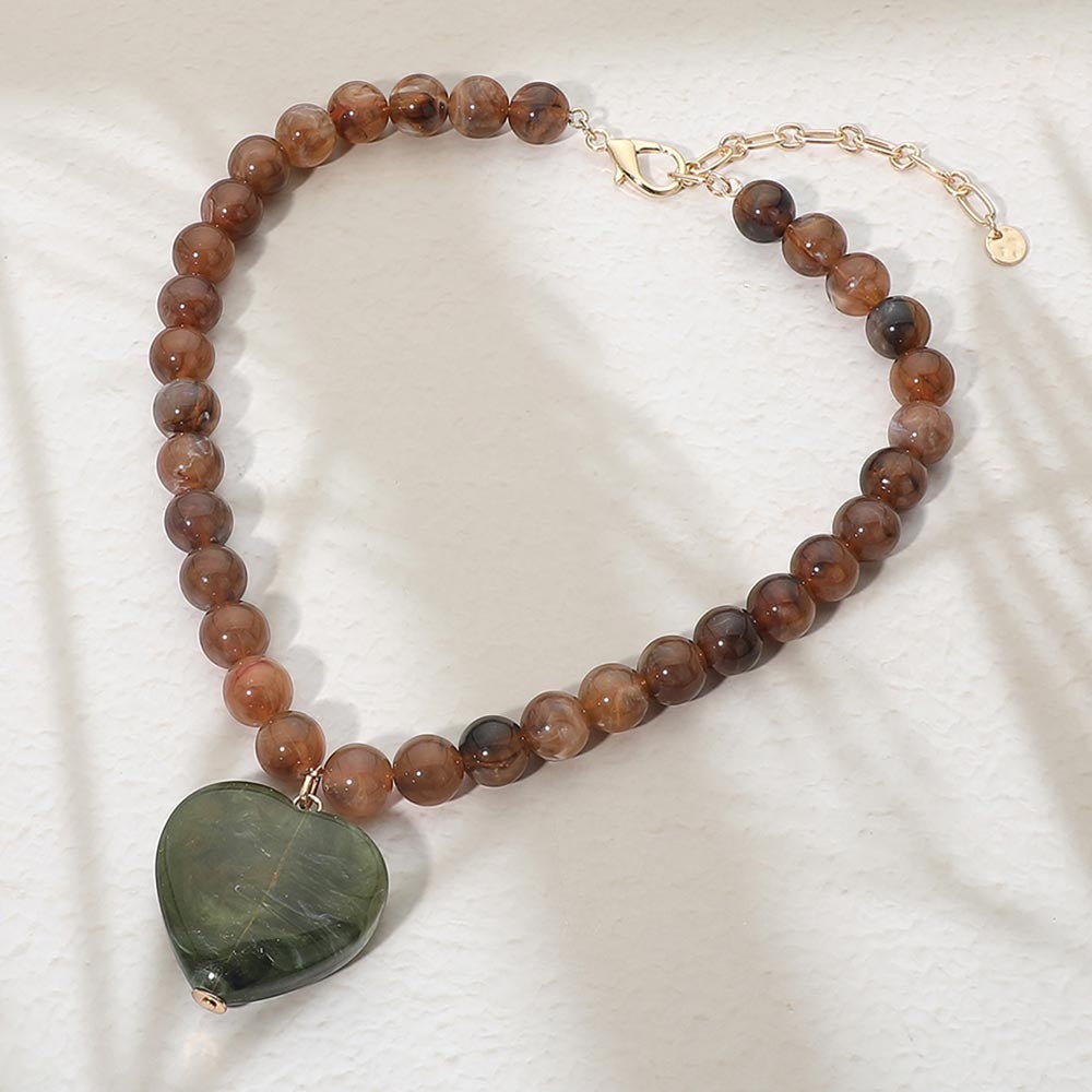 BROWN GREEN MULTI STONE HEART NECKLACE