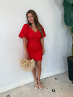 HUSTINA PUFF 3D LACE MINI DRESS RED