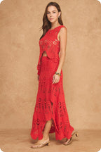 SCALLOPED CROCHET TOP & SKIRT SET CHILI RED