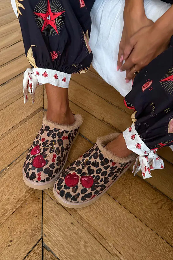 LEOPARD CHERRY FUR LINED PLATFORM SLIPPER