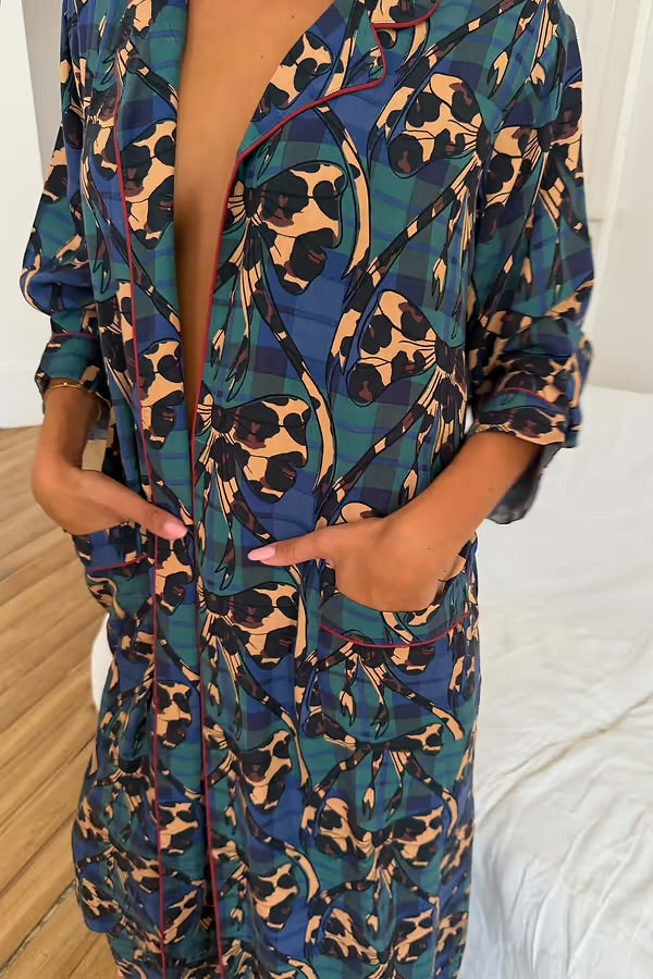 GREEN TARTAN & LEOPARD BOW DRESSING GOWN