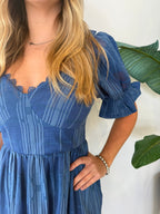 BETSEY PUFF SLEEVE JAQUARD STRIPED MAXI DRESS DENIM BLUE