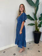BETSEY PUFF SLEEVE JAQUARD STRIPED MAXI DRESS DENIM BLUE